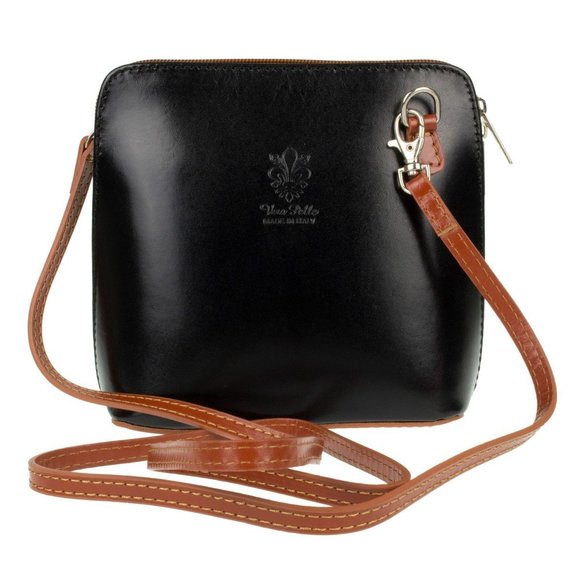 Leather Rid Cross Body Shoulder Bag Small Black/Tan B) - Picture 1 of 7